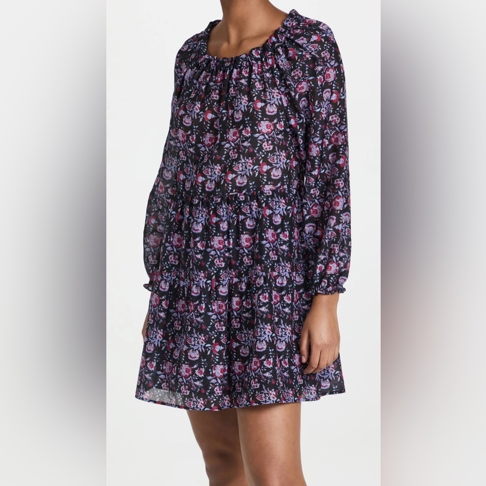 XIRENA Lea Shirred Off the Shoulder Tiered Silk Blend Dress Black Beauty Floral - Picture 4 of 16